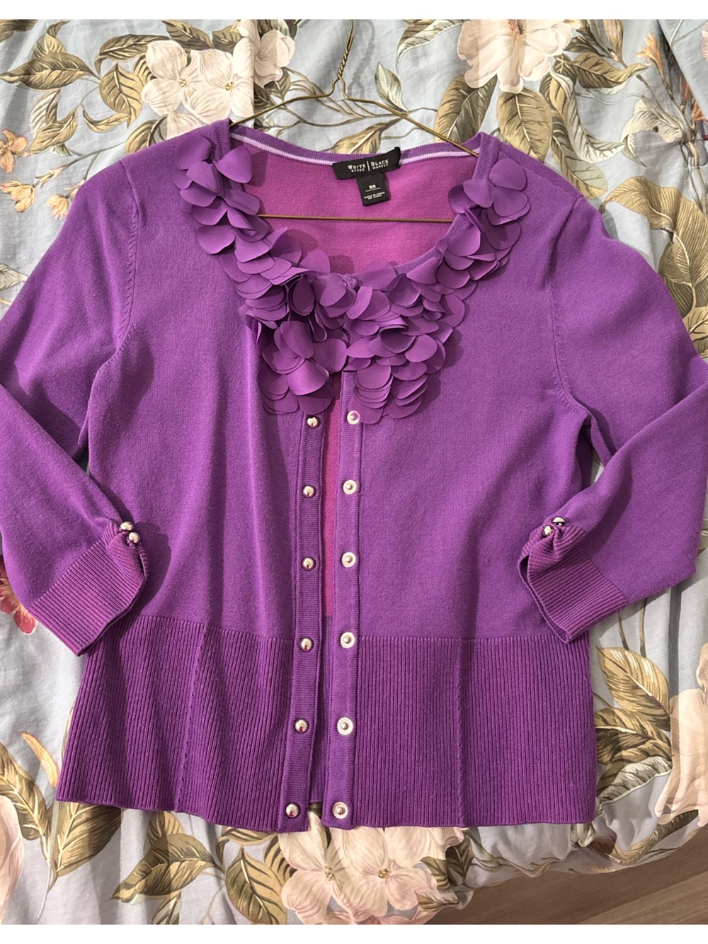 White House Black Market Purple Floral Petal-Trim Cardigan